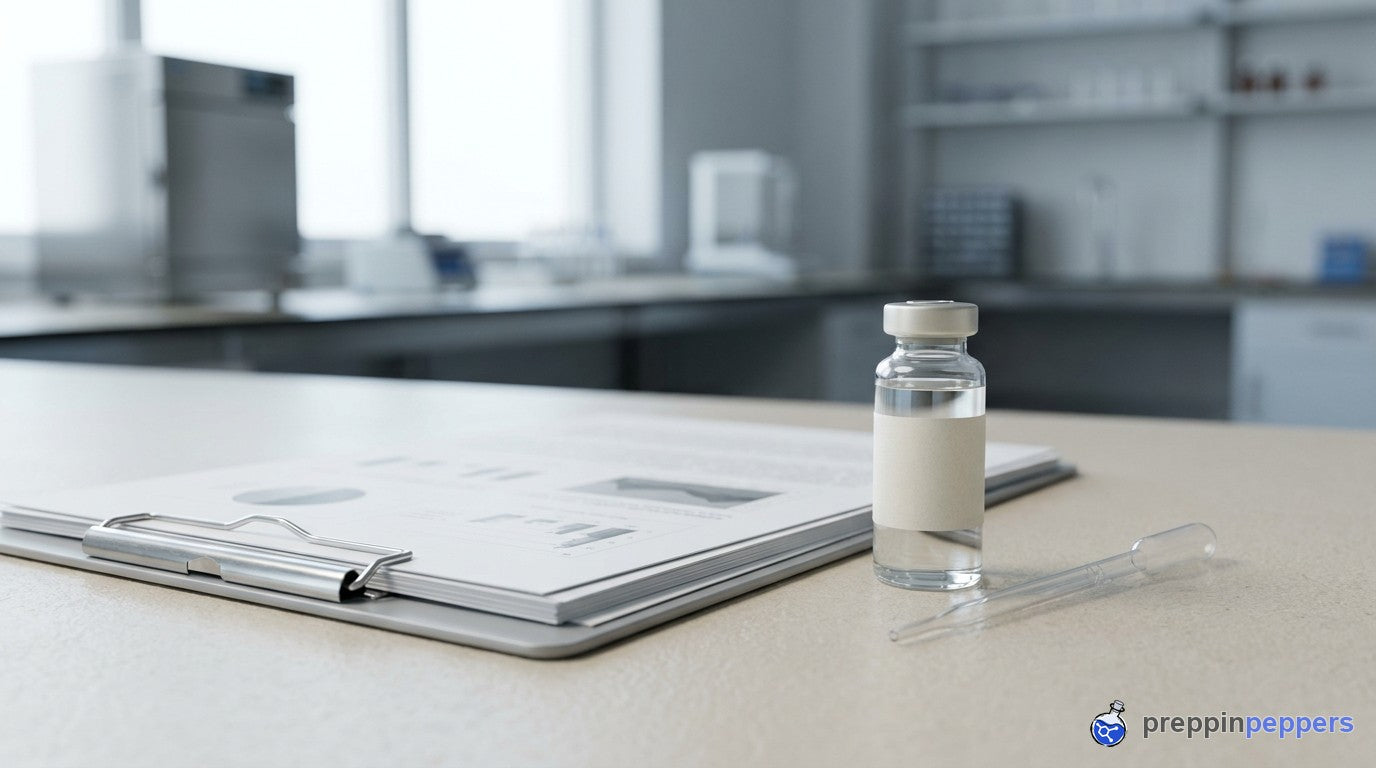 A document and clipboard beside a plain research vial
