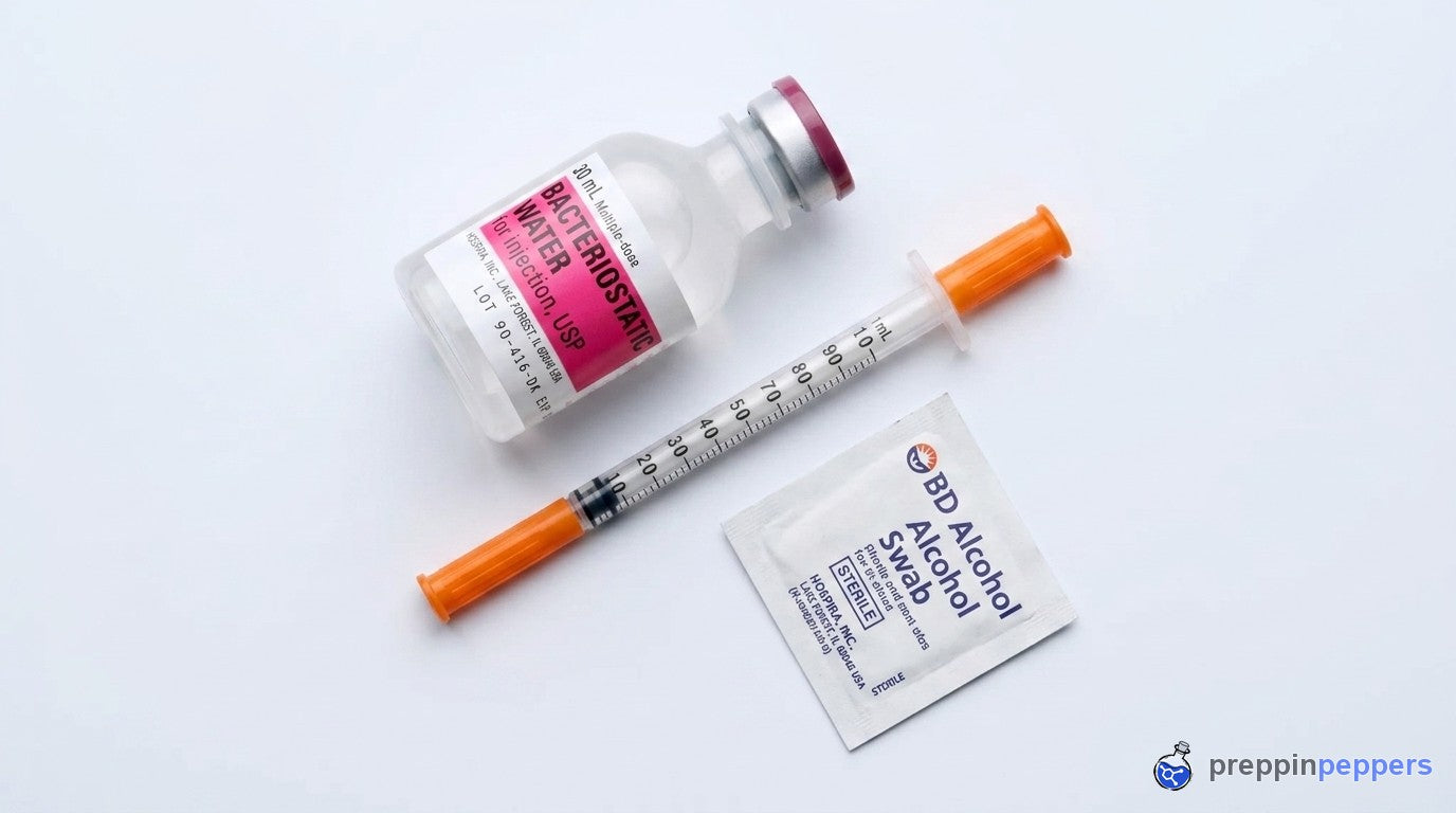 Bacteriostatic water vial flat-lay with syringe