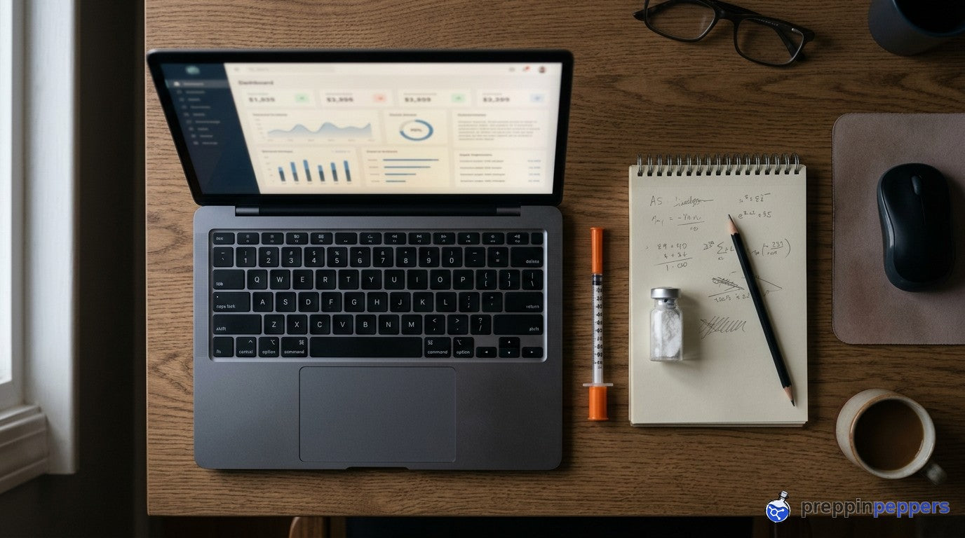 A laptop dashboard, notepad and research vial from above
