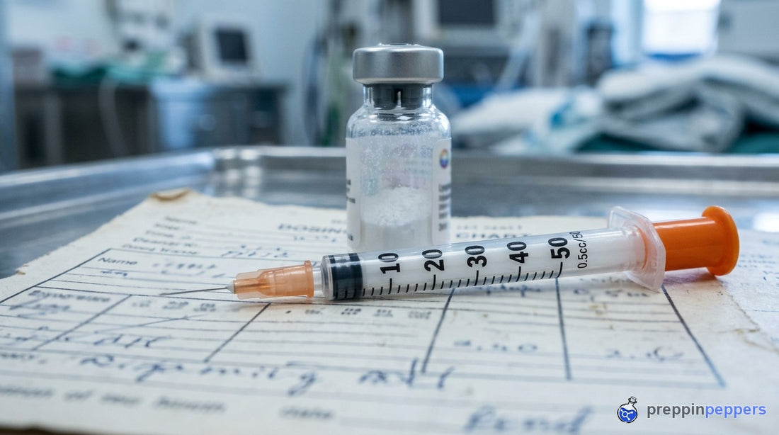 A graduated syringe on a chart with a research vial behind