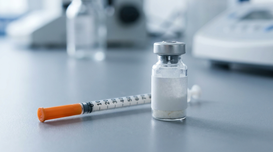 Research peptide vial and U-100 syringe