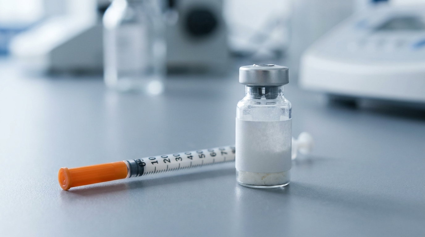 Research peptide vial and U-100 syringe