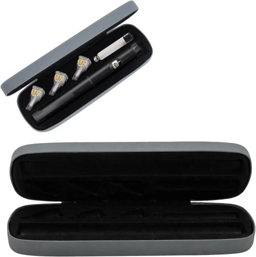 Carry case shown open with contents and closed