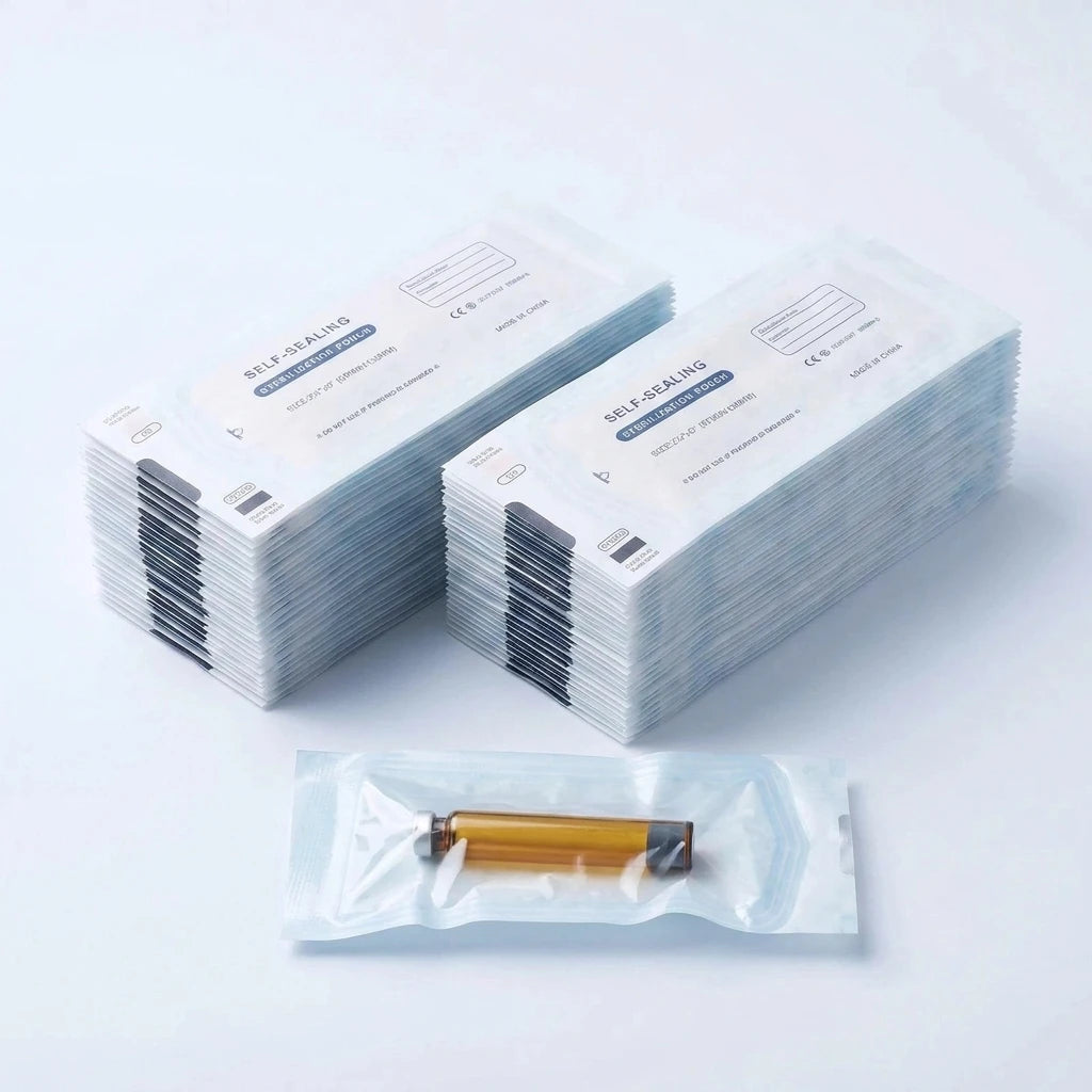 Bulk 100-pack: two stacks of individually pouch-sealed amber 3 ml cartridges with one pouch showing an amber cartridge sealed inside