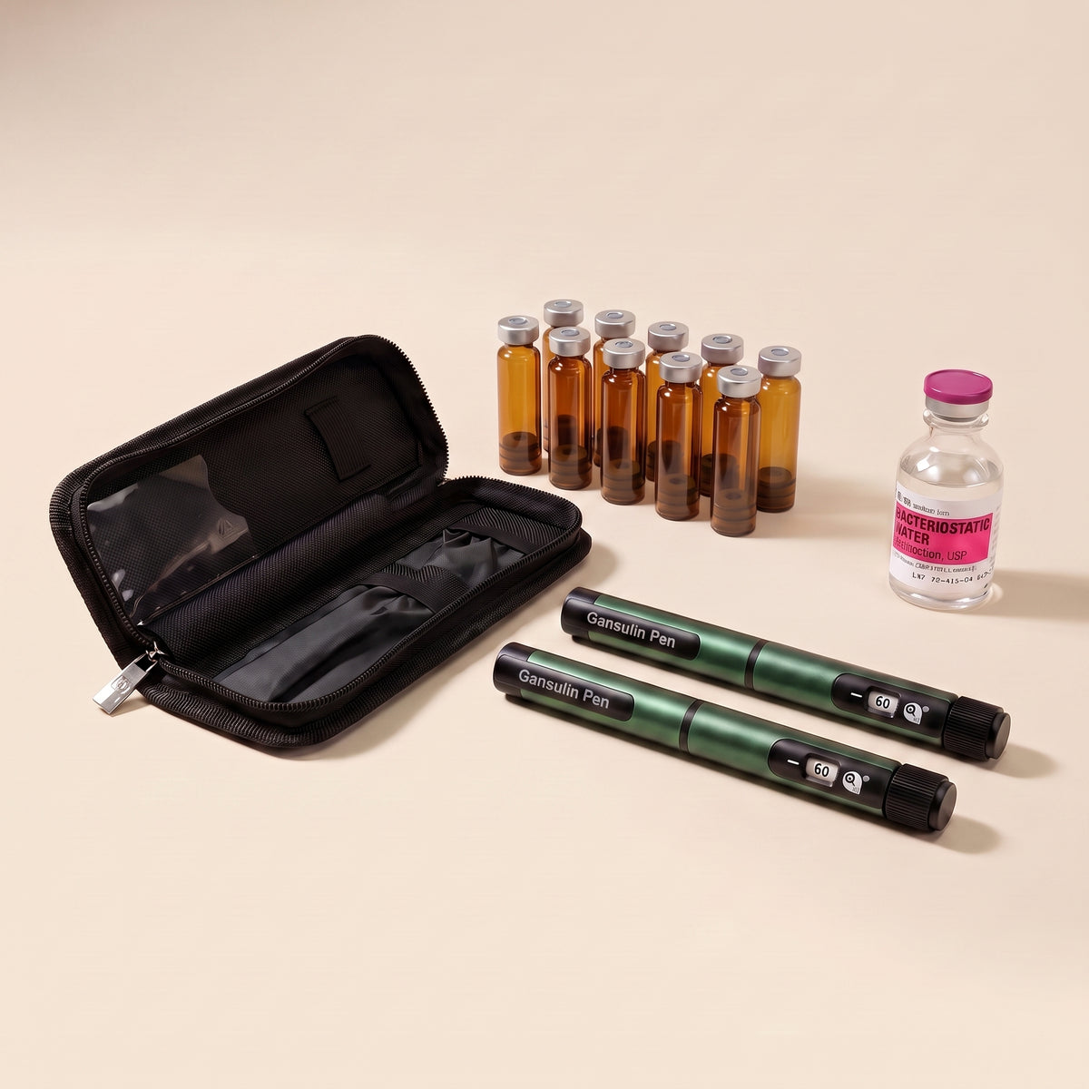 Double amber starter kit: 2 pens, 10 amber cartridges, bacteriostatic water