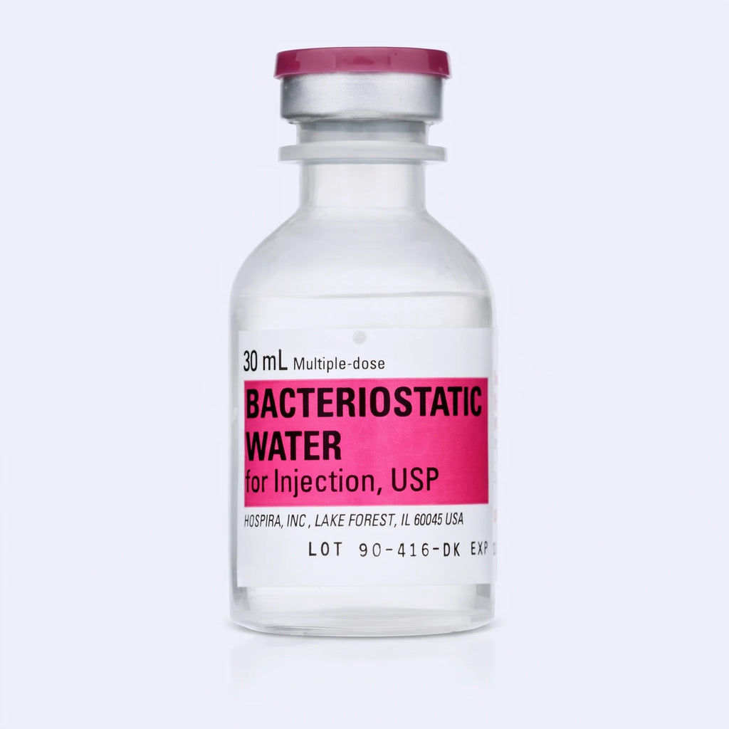 Pfizer Hospira bacteriostatic water 30 ml multi-dose vial standing upright, pink label and maroon flip-top cap, studio product photo