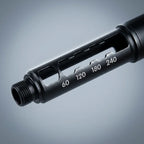 Macro close-up of the empty black cartridge holder, its unit scale and thread