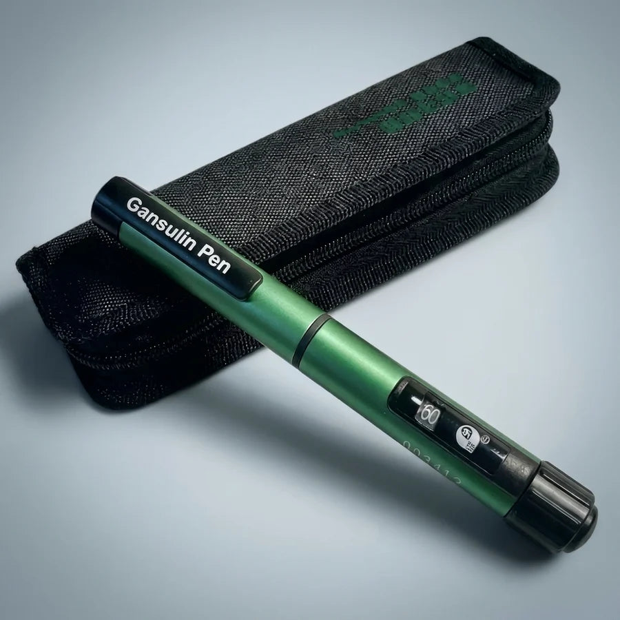 Gansulin pen resting on its included zip case