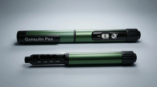 The Gansulin pen capped, and opened showing the empty cartridge holder with its unit scale