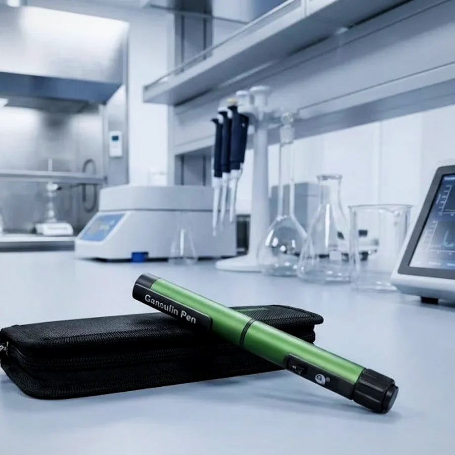 Gansulin pen and zip case on a laboratory bench