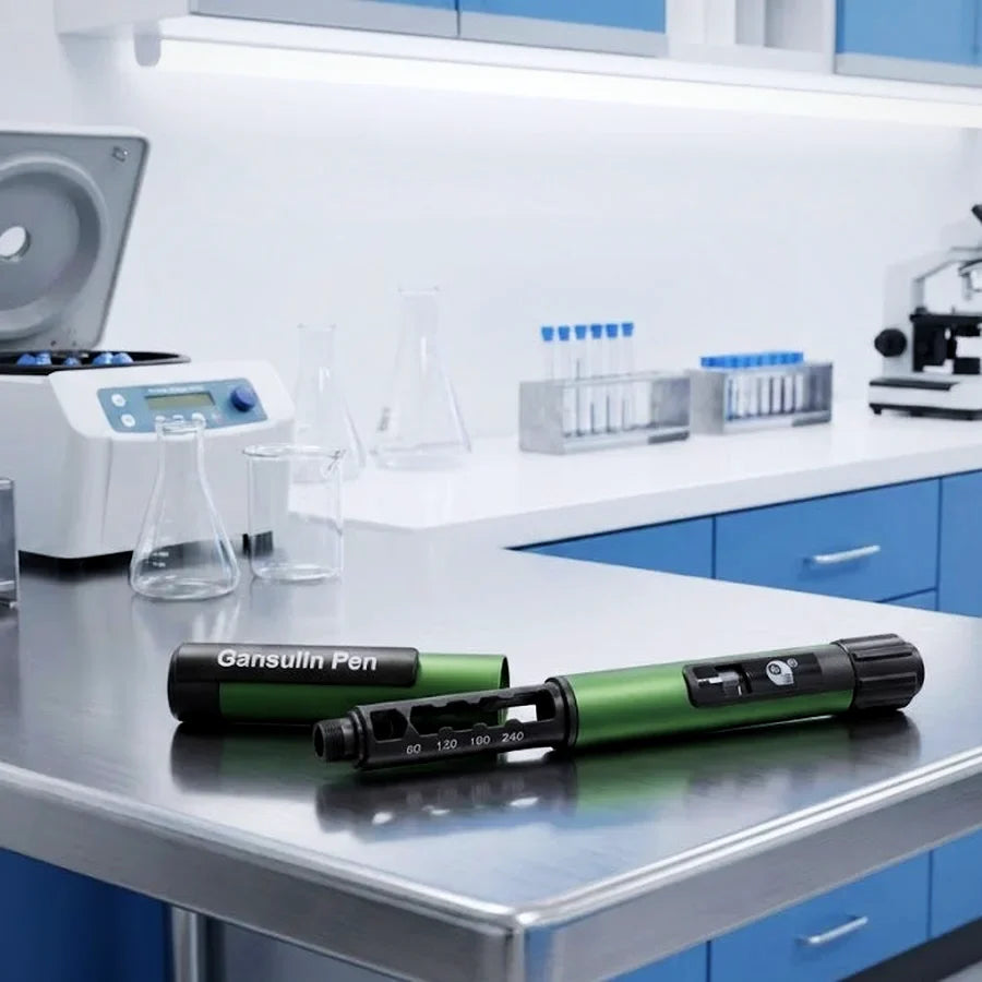 Gansulin pen opened for inspection on a stainless lab bench