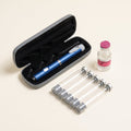 Starter kit laid out: a blue pen in its open grey case, five empty glass cartridges and a vial of bacteriostatic water