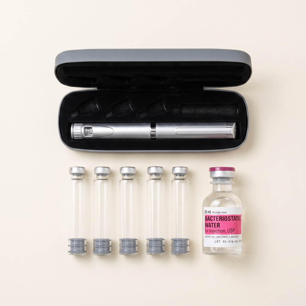 V3 pen starter kit: silver pen in grey hard case with 3 ml glass cartridges and bacteriostatic water