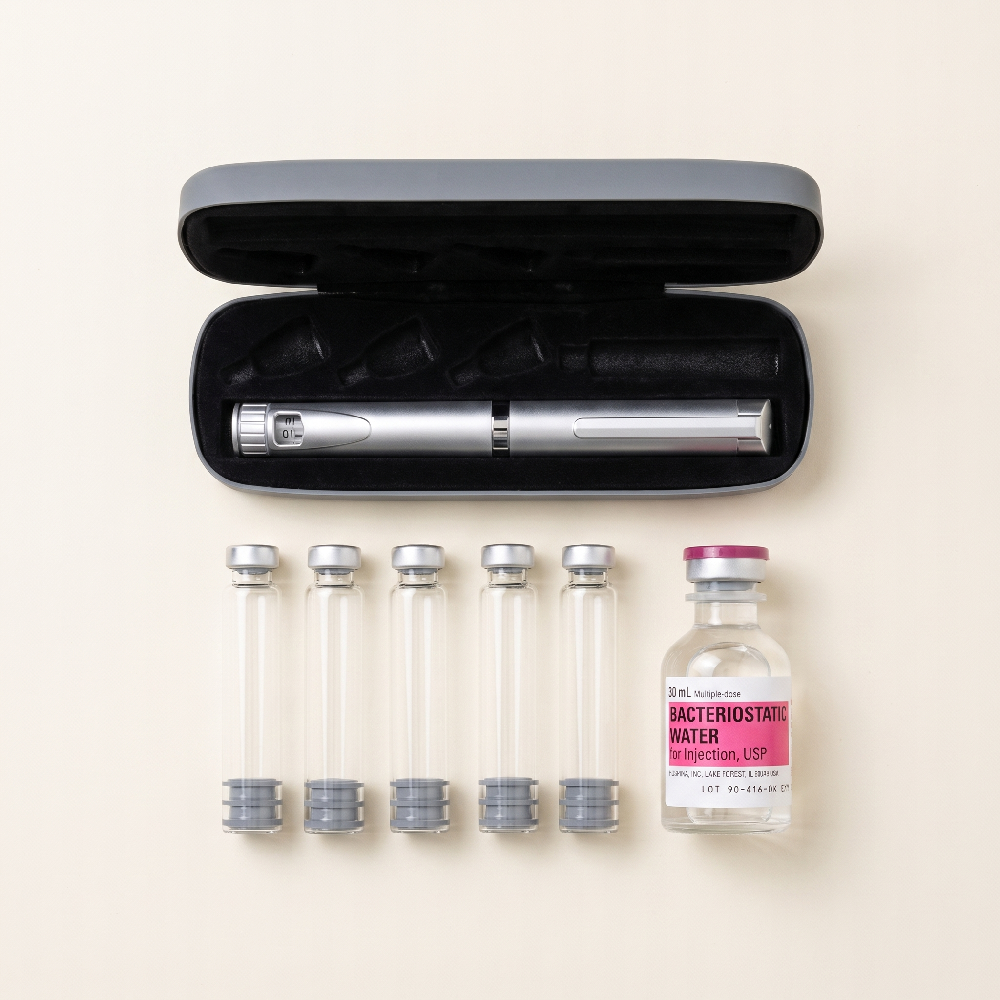 V3 pen starter kit: silver pen in grey hard case with 3 ml glass cartridges and bacteriostatic water