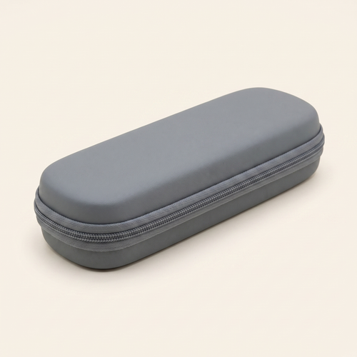 Portable pen carry case, closed, grey hard shell