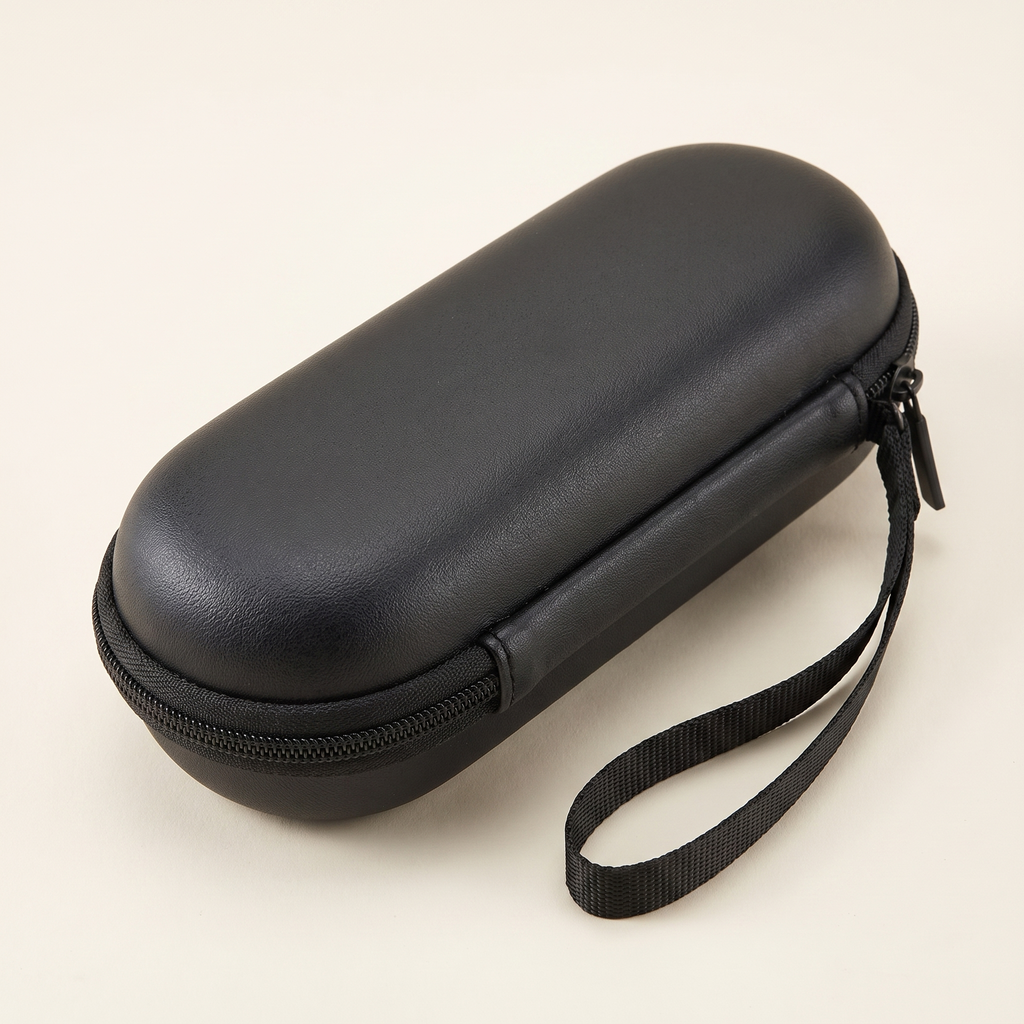 EVA travel case, closed, black hard shell with wrist strap
