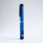 Blue V3 Peptide Pen, reusable aluminium click-dial pen, standing upright with the dose window reading 0.5