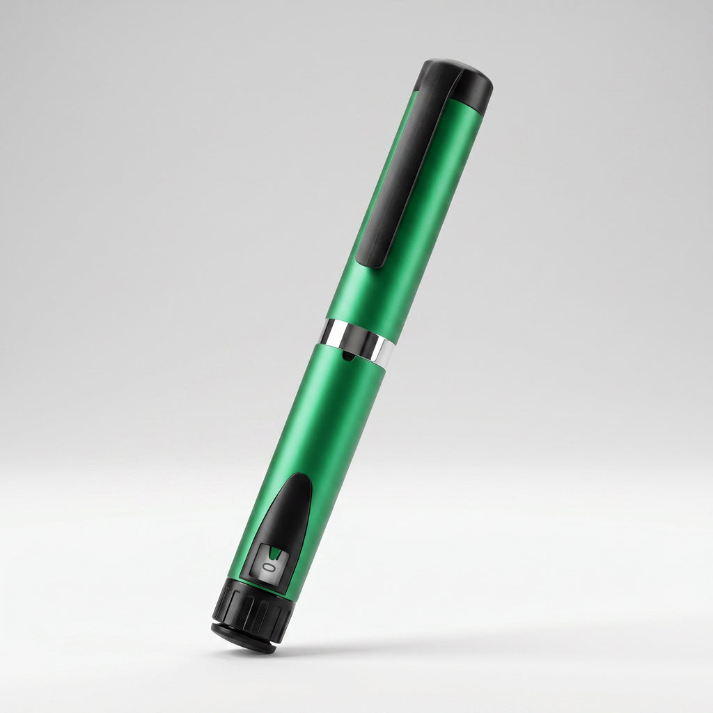 Green V3 Peptide Pen, reusable aluminium click-dial pen, angled diagonally with its black cap clip