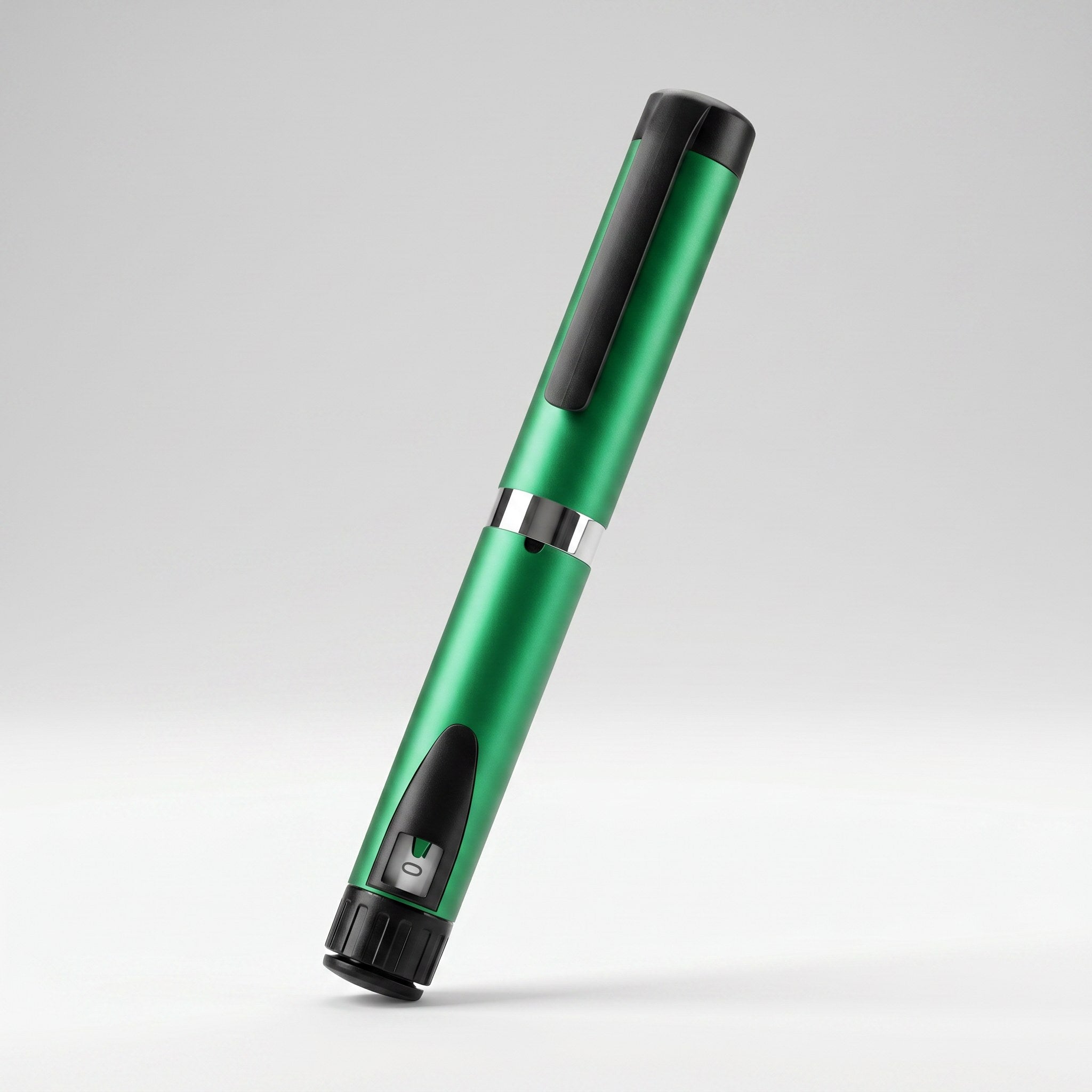 Green V3 Peptide Pen, reusable aluminium click-dial pen, angled diagonally with its black cap clip