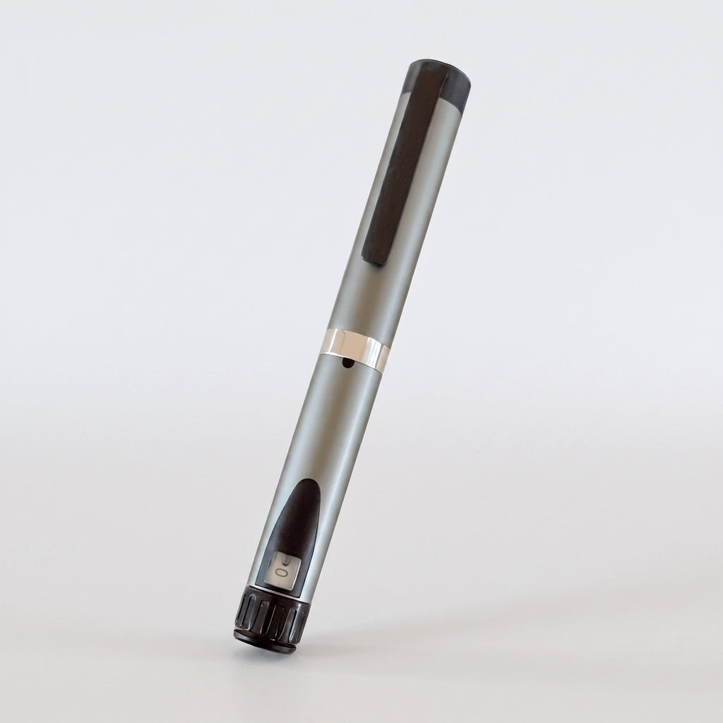 Grey V3 Peptide Pen, reusable aluminium click-dial pen, angled diagonally with a rose-gold mid-band