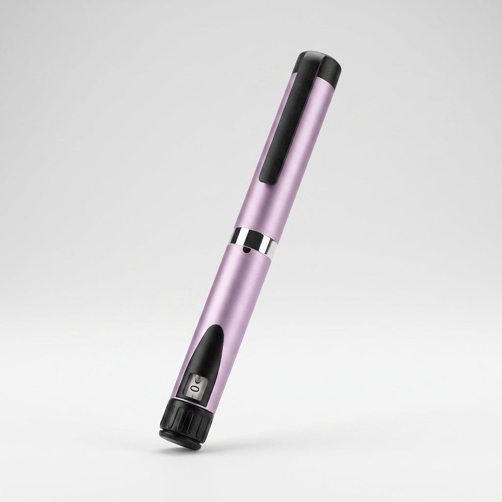 Lilac V3 Peptide Pen, reusable aluminium click-dial pen, angled diagonally on a pale studio background