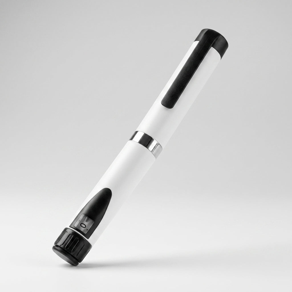 White V3 Peptide Pen, reusable aluminium click-dial pen, angled diagonally with a black cap clip