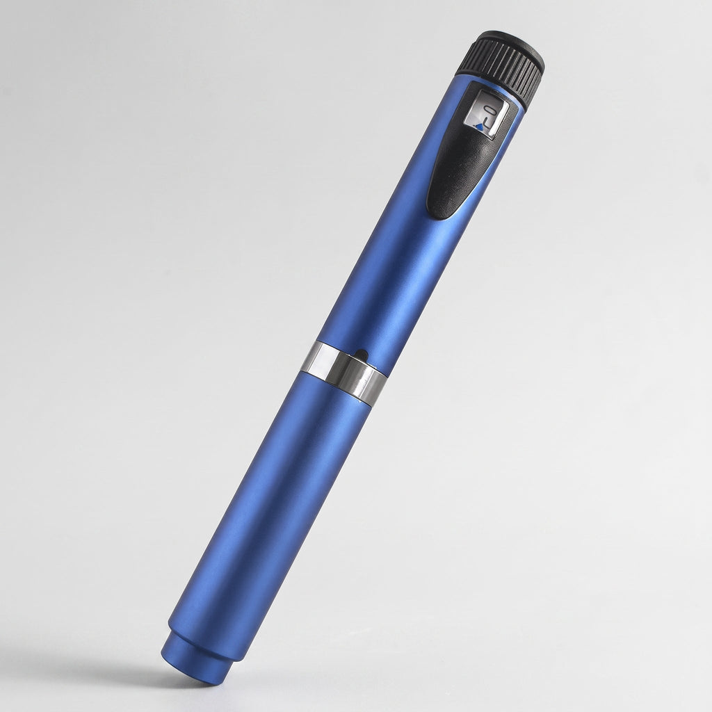 Blue V2 Peptide Pen, reusable 60-unit pen with needle shield, angled diagonally with the ribbed end cap uppermost