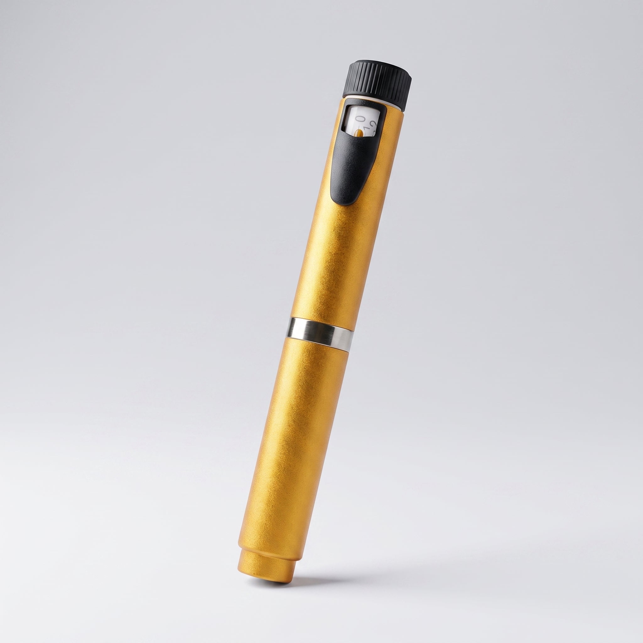 Gold V2 Peptide Pen, reusable 60-unit pen with needle shield, angled diagonally on a pale studio background