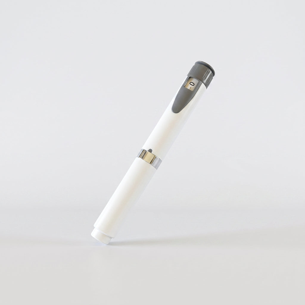 White V2 Peptide Pen, reusable 60-unit pen with needle shield, angled diagonally with a grey dial cap