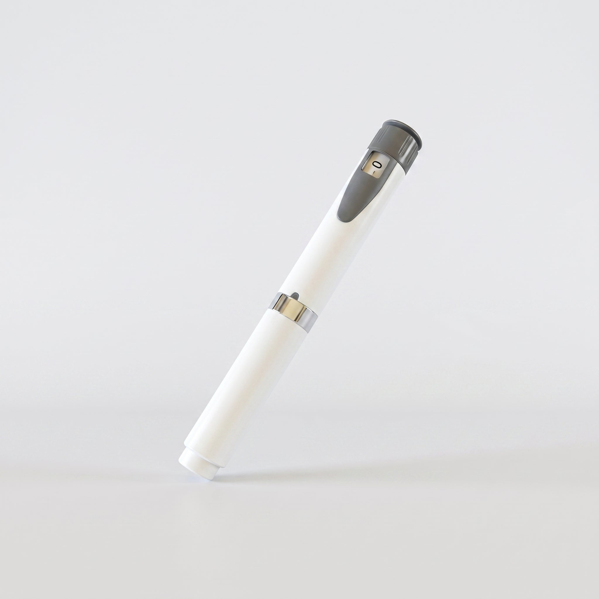 White V2 Peptide Pen, reusable 60-unit pen with needle shield, angled diagonally with a grey dial cap