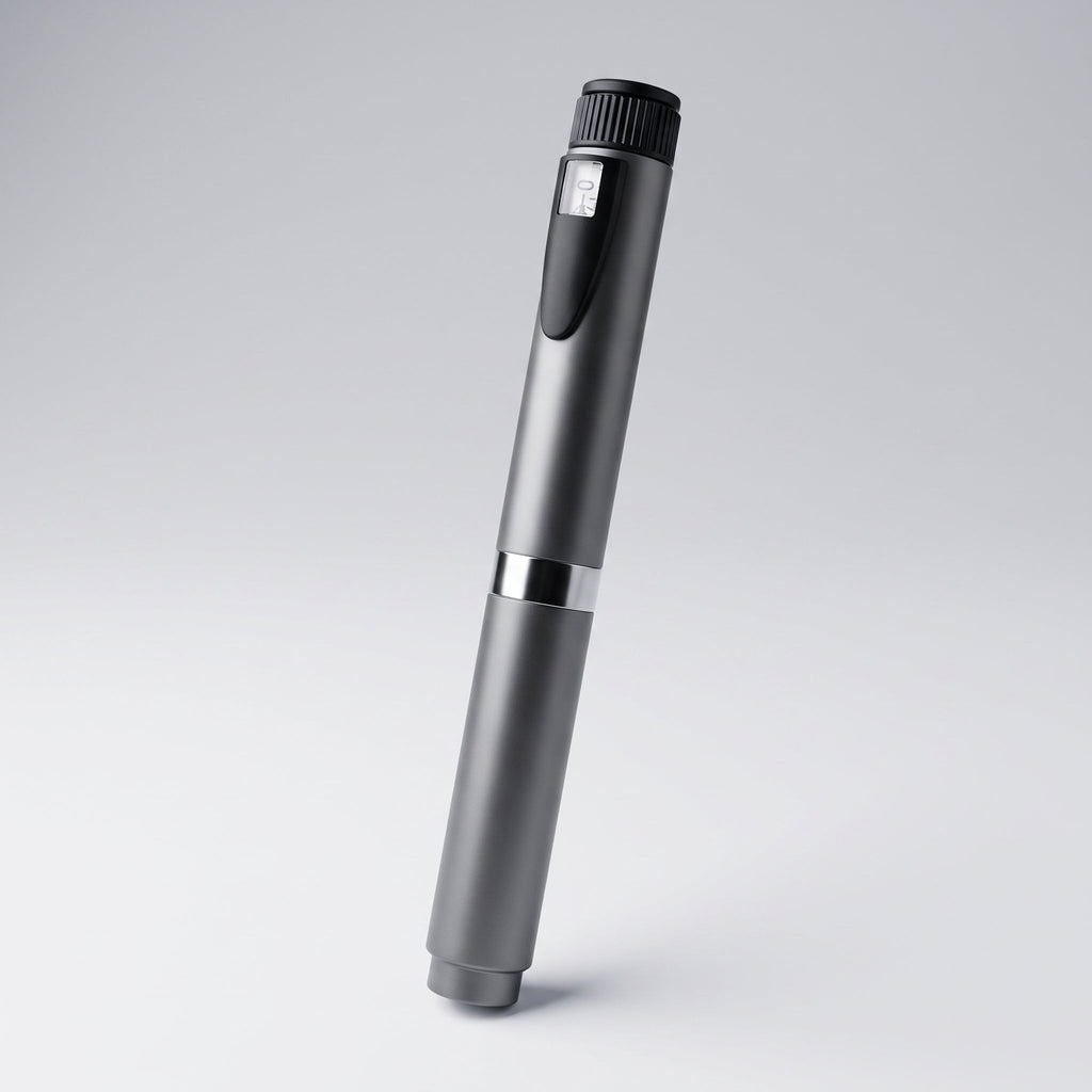 Gunmetal V2 Peptide Pen, reusable 60-unit pen with needle shield, angled diagonally on a pale studio background