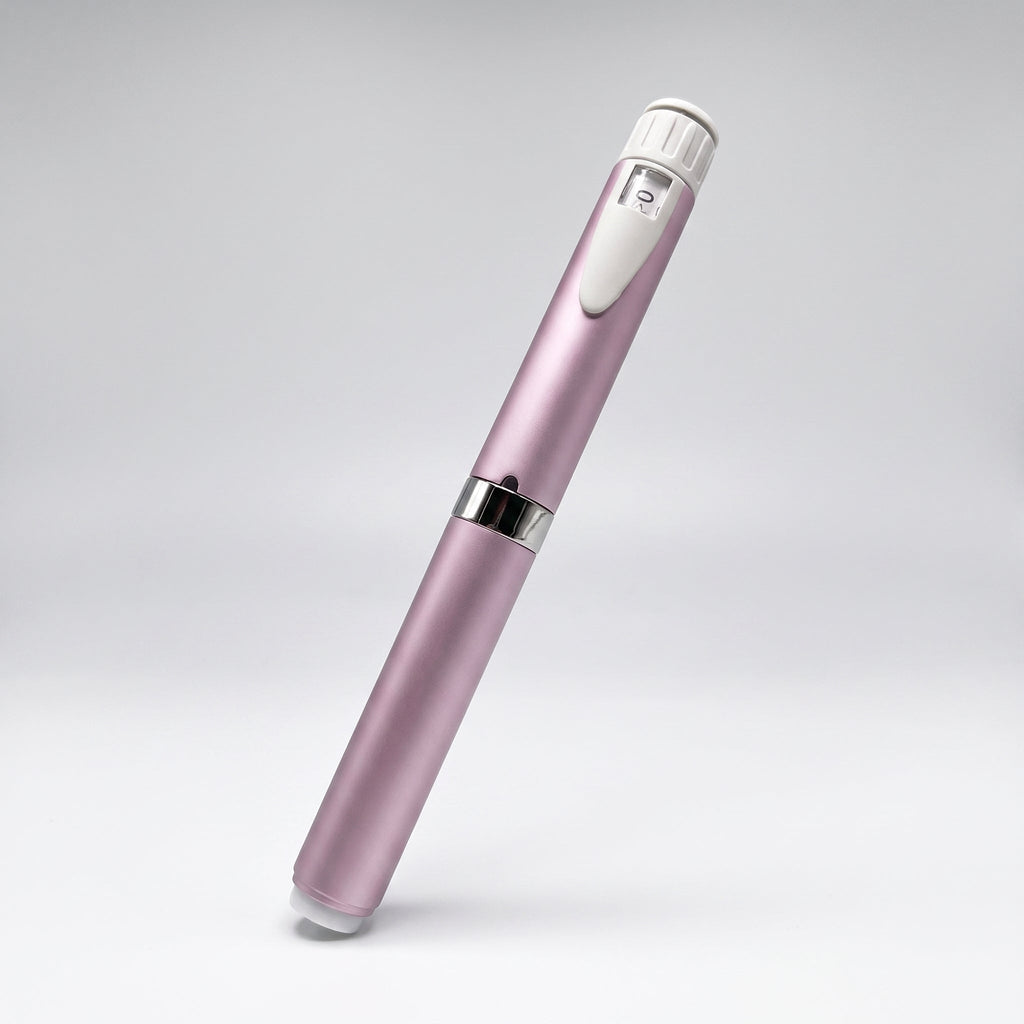 Mauve V2 Peptide Pen, reusable 60-unit pen with needle shield, angled diagonally with a white dial cap