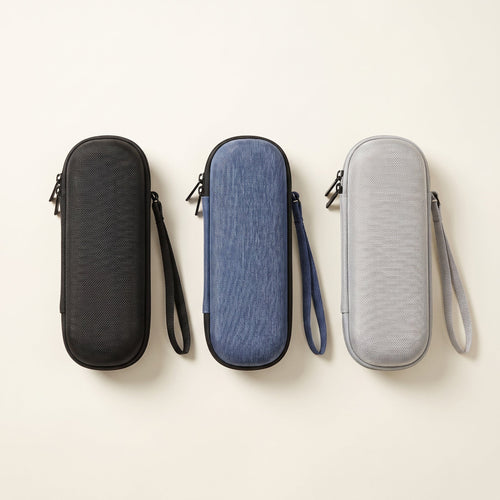 Three EVA travel cases side by side in black, denim blue and light grey, each with a wrist strap
