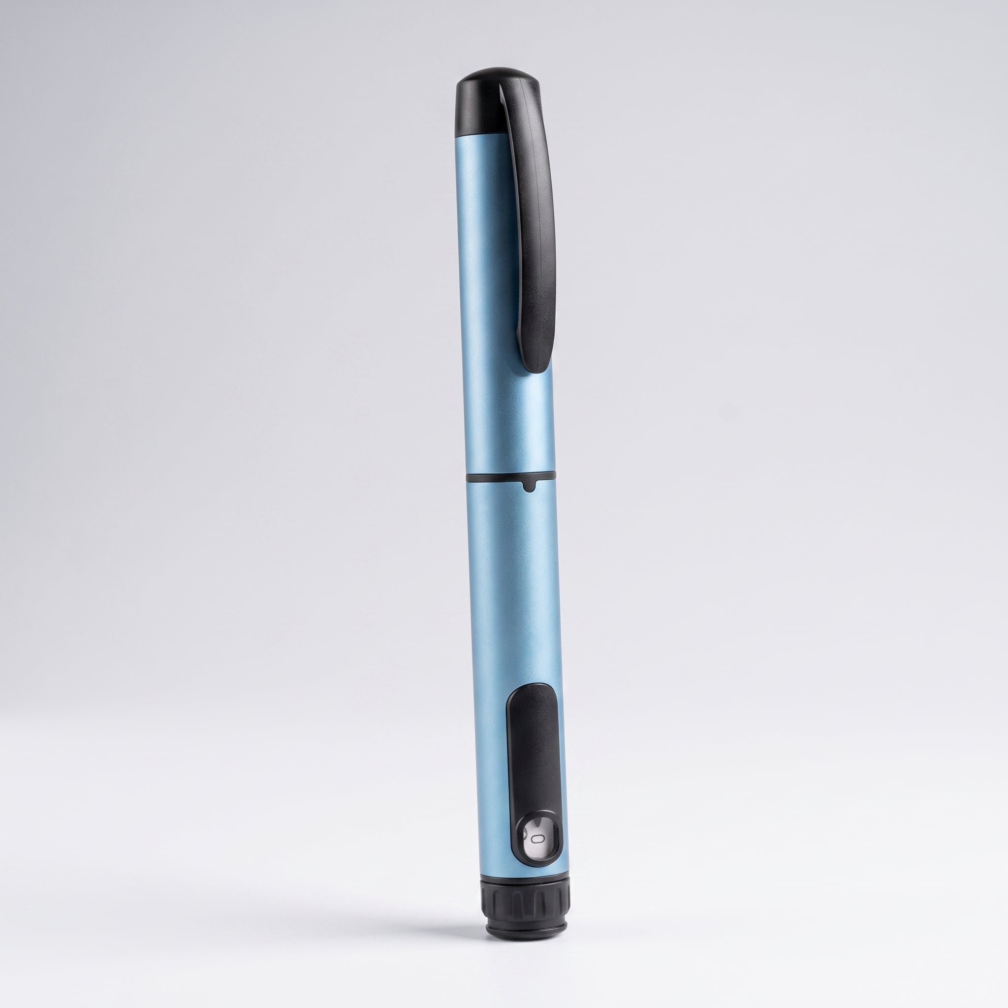 Light blue V1 Peptide Pen, reusable manual click-dial pen, standing upright with the dose window visible near the base