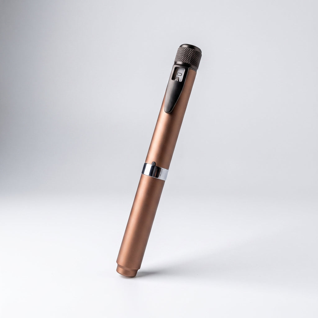 Copper V2 Peptide Pen, reusable 60-unit pen with needle shield, angled diagonally on a pale studio background
