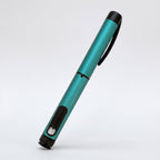 Teal V1 Peptide Pen, reusable manual click-dial pen, angled diagonally on a pale studio background