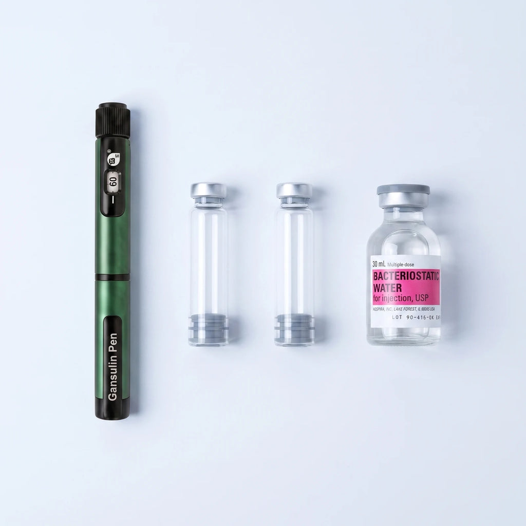 Complete starter kit: Gansulin metal pen, 3 ml glass cartridges, and bacteriostatic water vial