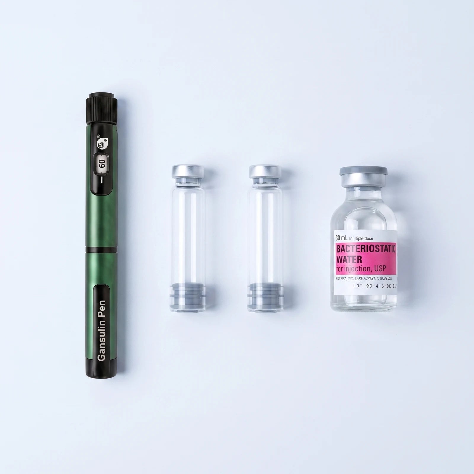 Complete starter kit: Gansulin metal pen, 3 ml glass cartridges, and bacteriostatic water vial