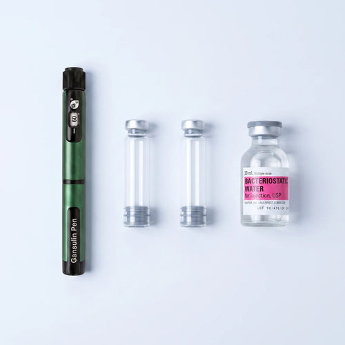 Complete starter kit: Gansulin metal pen, 3 ml glass cartridges, and bacteriostatic water vial