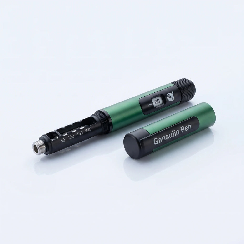 Gansulin pen with its cap removed showing the cartridge holder, cap lying beside it