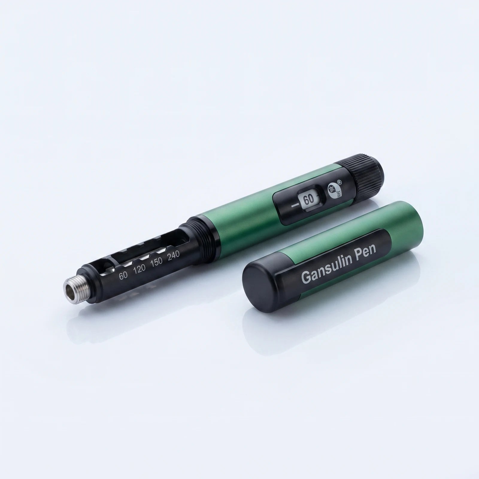 Gansulin pen with its cap removed showing the cartridge holder, cap lying beside it