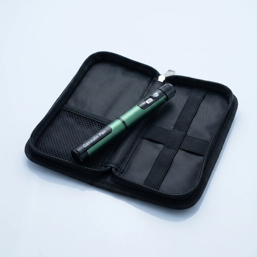 Gansulin pen resting in its open black zip case with elastic loops and mesh pocket