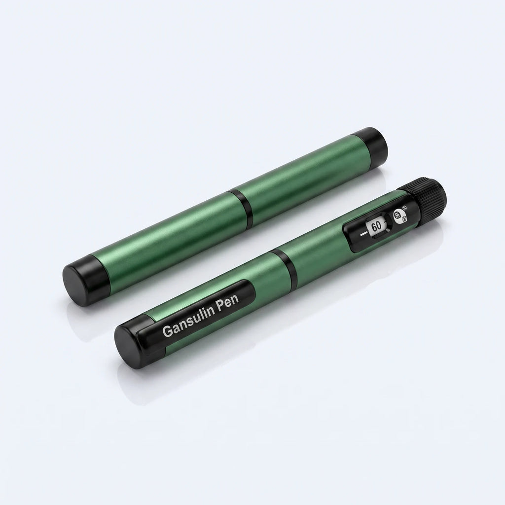 Two Gansulin pens in a parallel composition on a pale studio surface, one showing the dose window at 60 and one capped