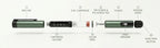Labeled exploded view of the Gansulin metal pen: pen cap, cartridge holder, 3 ml cartridge, color ring, pin screw, casing, dose window, dosage knob, and injection button