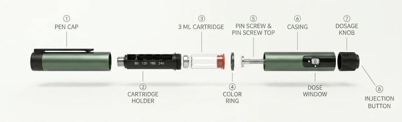 Labeled exploded view of the Gansulin metal pen: pen cap, cartridge holder, 3 ml cartridge, color ring, pin screw, casing, dose window, dosage knob, and injection button