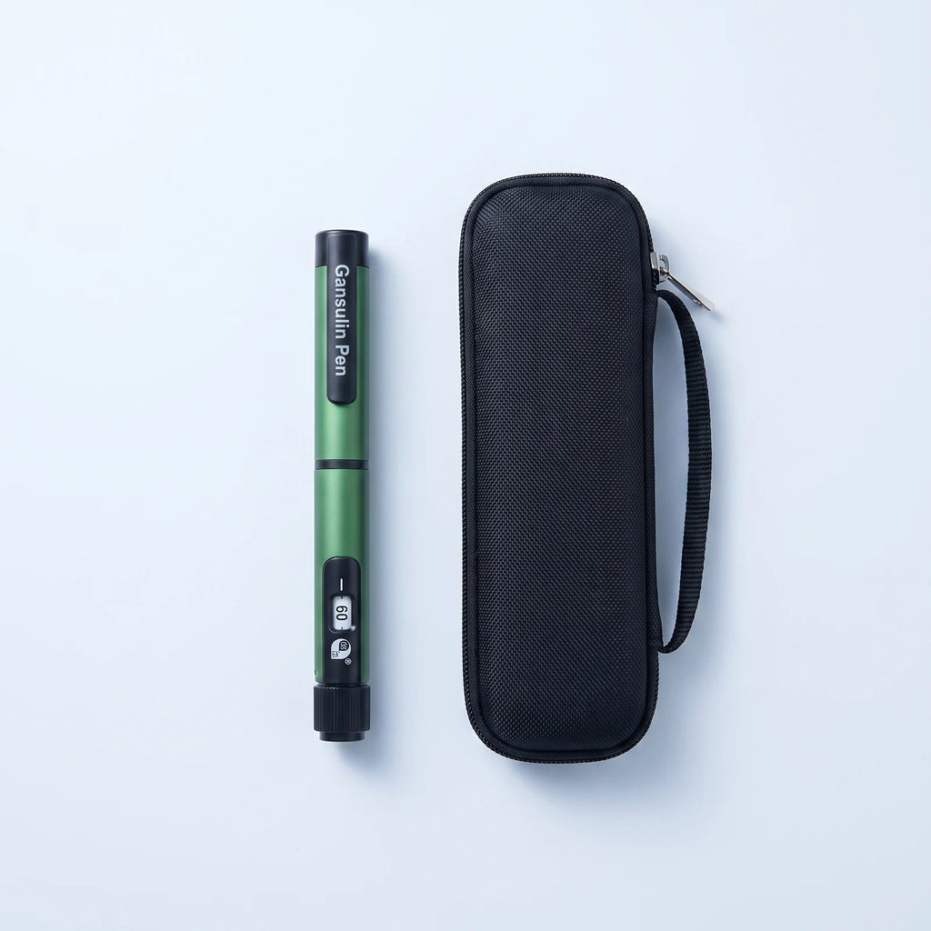 What's included: the Gansulin pen and its protective black zip case, flat lay