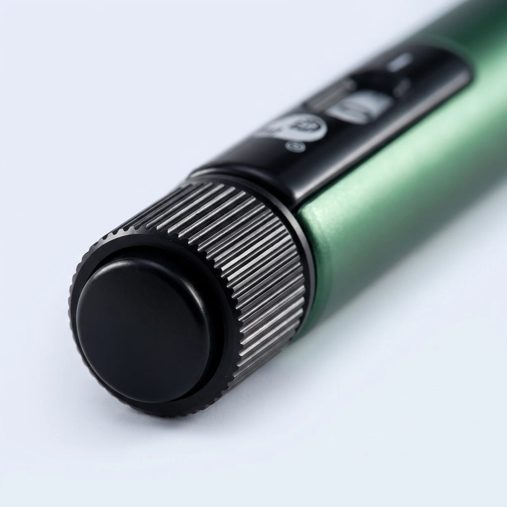 Macro of the Gansulin pen's machined knurled dosage knob and injection button