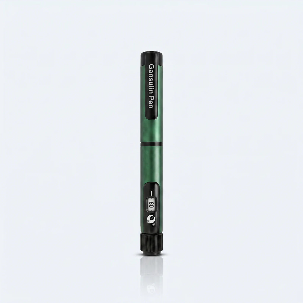 Gansulin pen standing vertical on a pale studio surface with a soft reflection