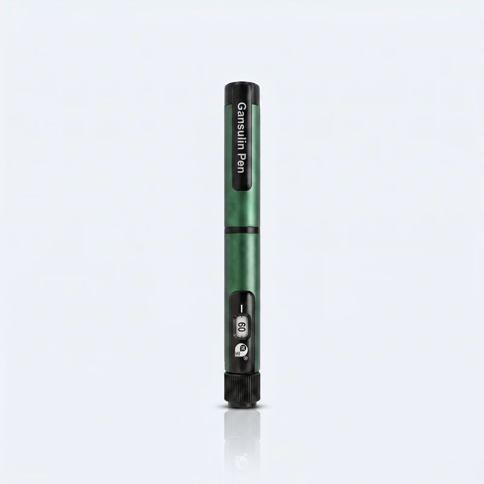 Gansulin pen standing vertical on a pale studio surface with a soft reflection