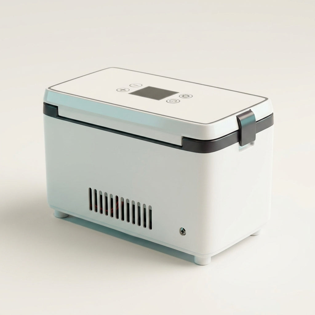 Portable electric cooler case, closed, three-quarter view